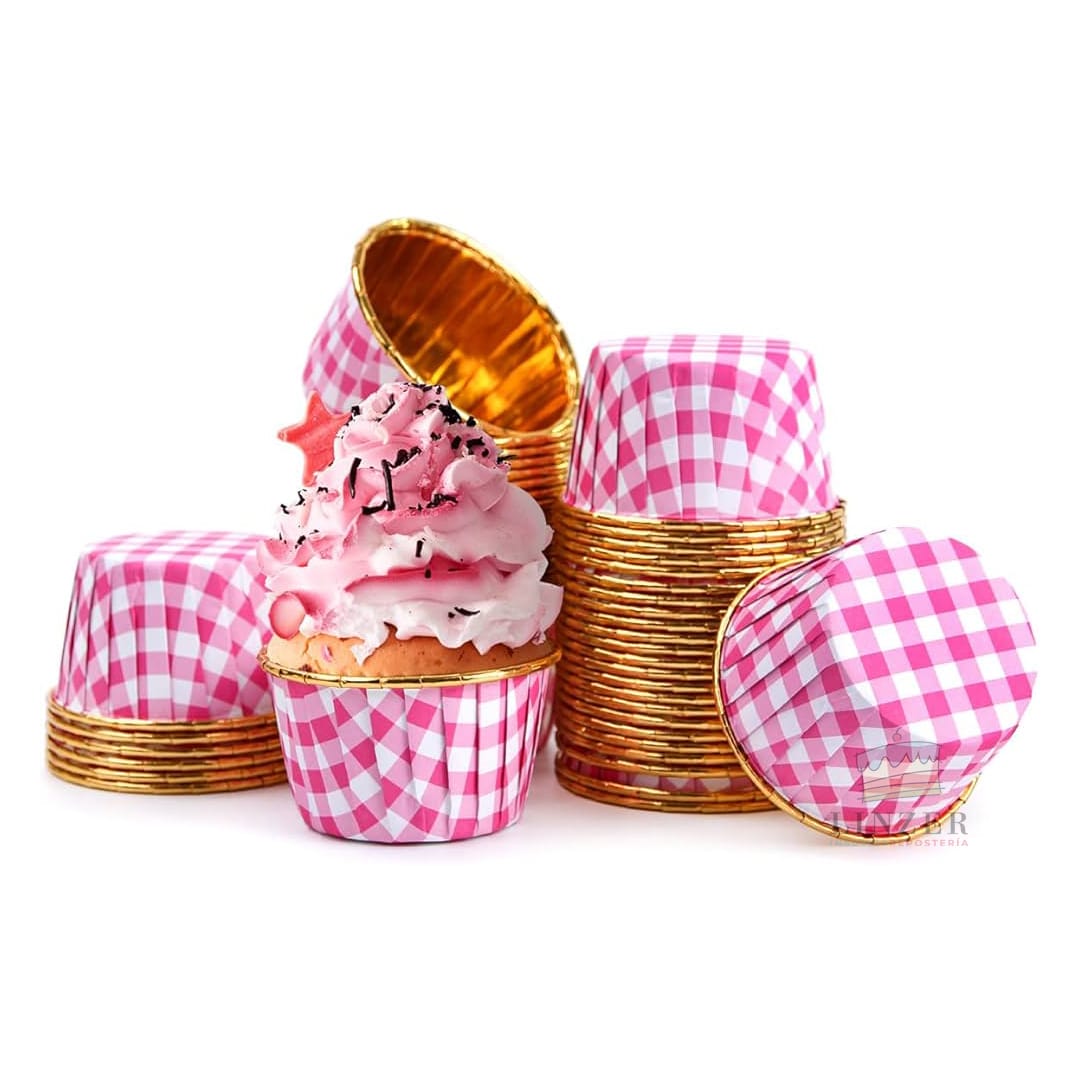 Cápsulas cupcakes cuadriculadas rosadas 20u. - Linzer insumos reposteria