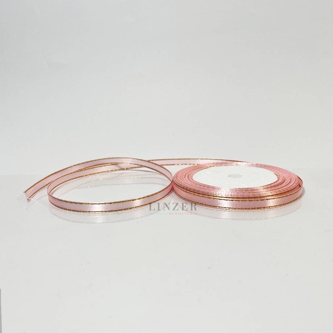 Cinta de Raso rosada con Borde Dorado 0.6 cm x 22 mt - Linzer insumos reposteria