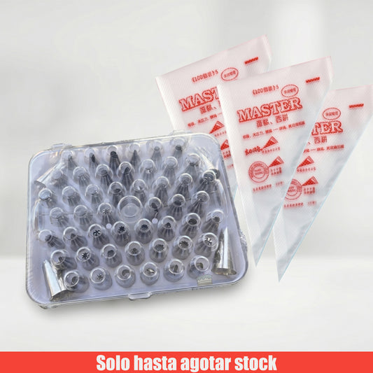 Pack Pastelero: Kit de 52 Boquillas + 300 Mangas Desechables Talla L