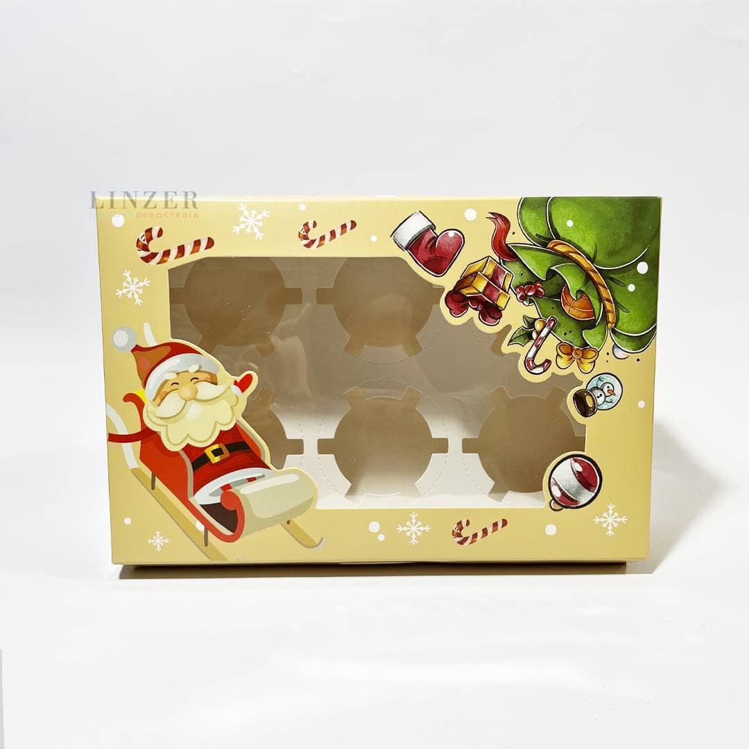 Caja Navideña beige para 6 Cupcakes - Pack x5 - Linzer insumos reposteria