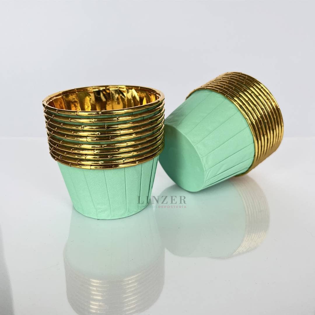 Capsulas cupcakes Turquesa borde dorado 20u. - Linzer insumos reposteria 