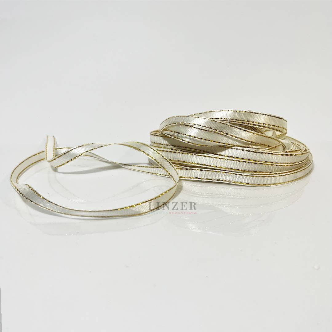 Cinta de raso marfil con borde dorado 0.6 cm x 22 mt - Linzer insumos reposteria 