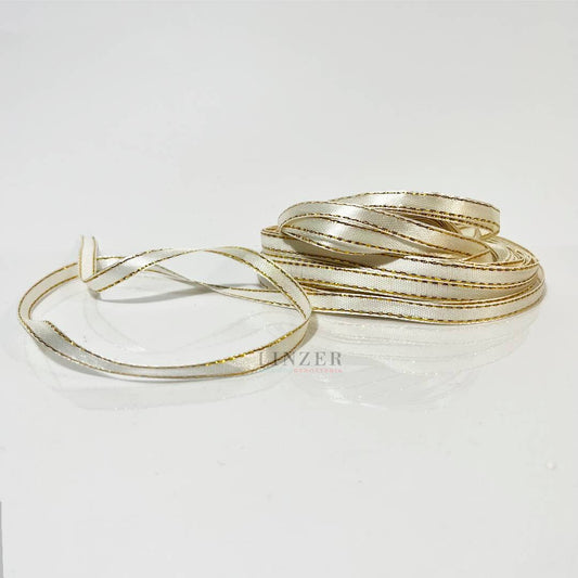 Cinta de raso marfil con borde dorado 0.6 cm x 22 mt - Linzer insumos reposteria 
