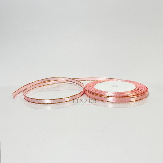 Cinta de Raso rosada con Borde Dorado 0.6 cm x 22 mt - Linzer insumos reposteria 