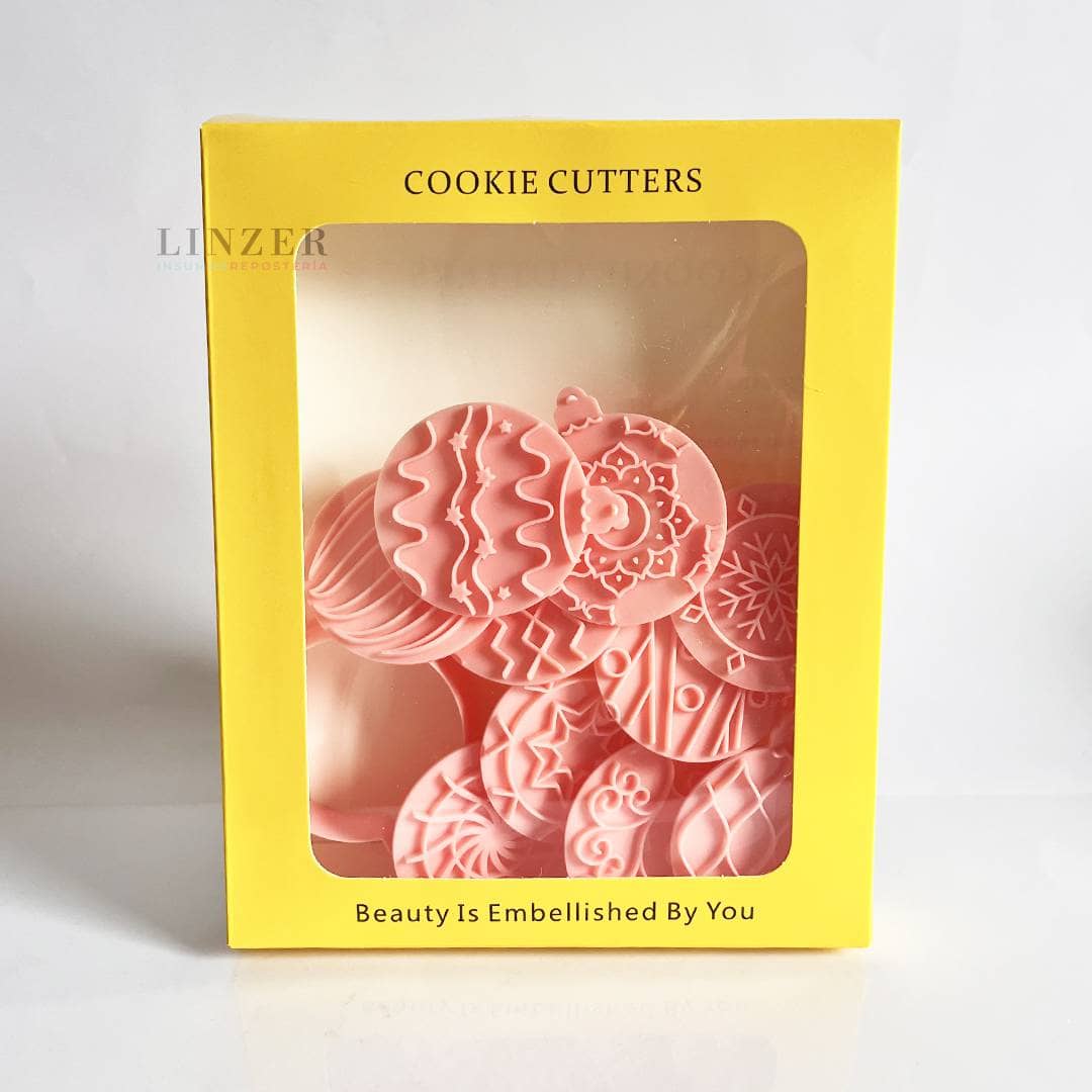 Set de 11 Piezas: Cortador + 10 Sellos Esferas Navideñas - Linzer insumos reposteria