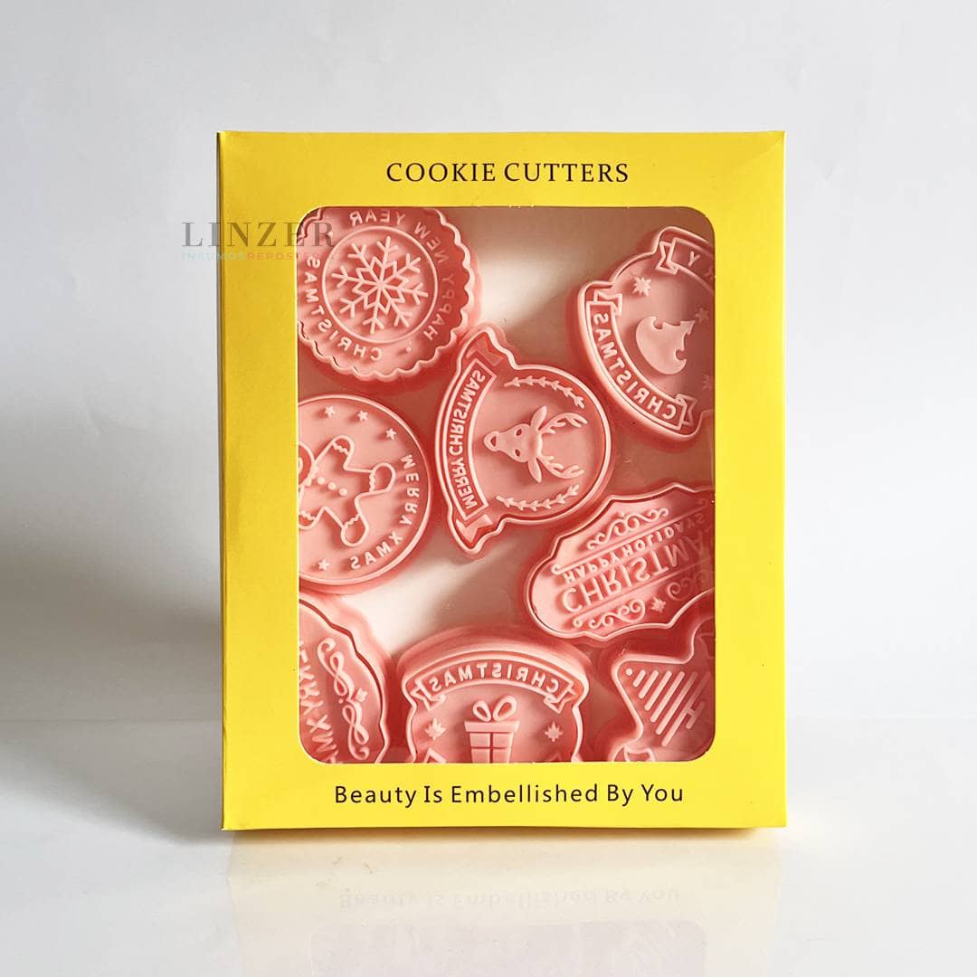 Set de 8 Cortadores y timbre Merry xmas - Linzer insumos reposteria